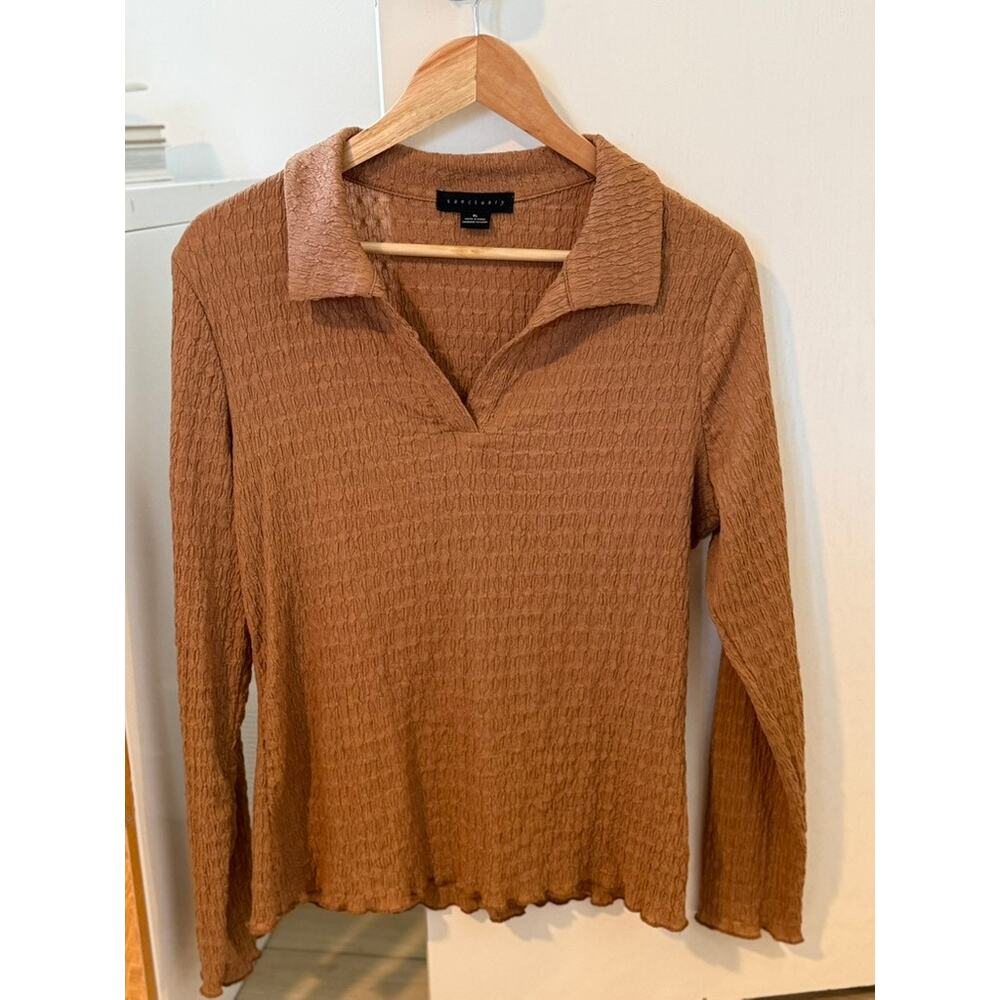 Sanctuary Ribbed Collared Knit Top XL Camel Long Sleeve Boho Quiet Luxury‎ ✨
